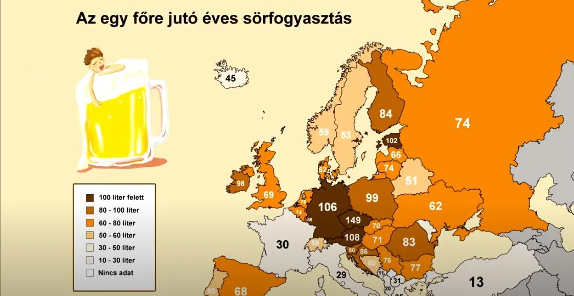 1 főre jutó sörfogyasztás Európában 2024