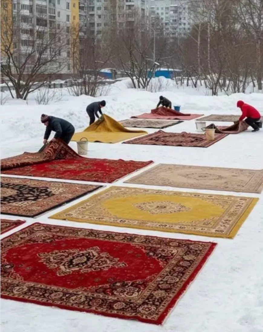 Retro szőnyegtisztítás a hóban a lakótelepeken 