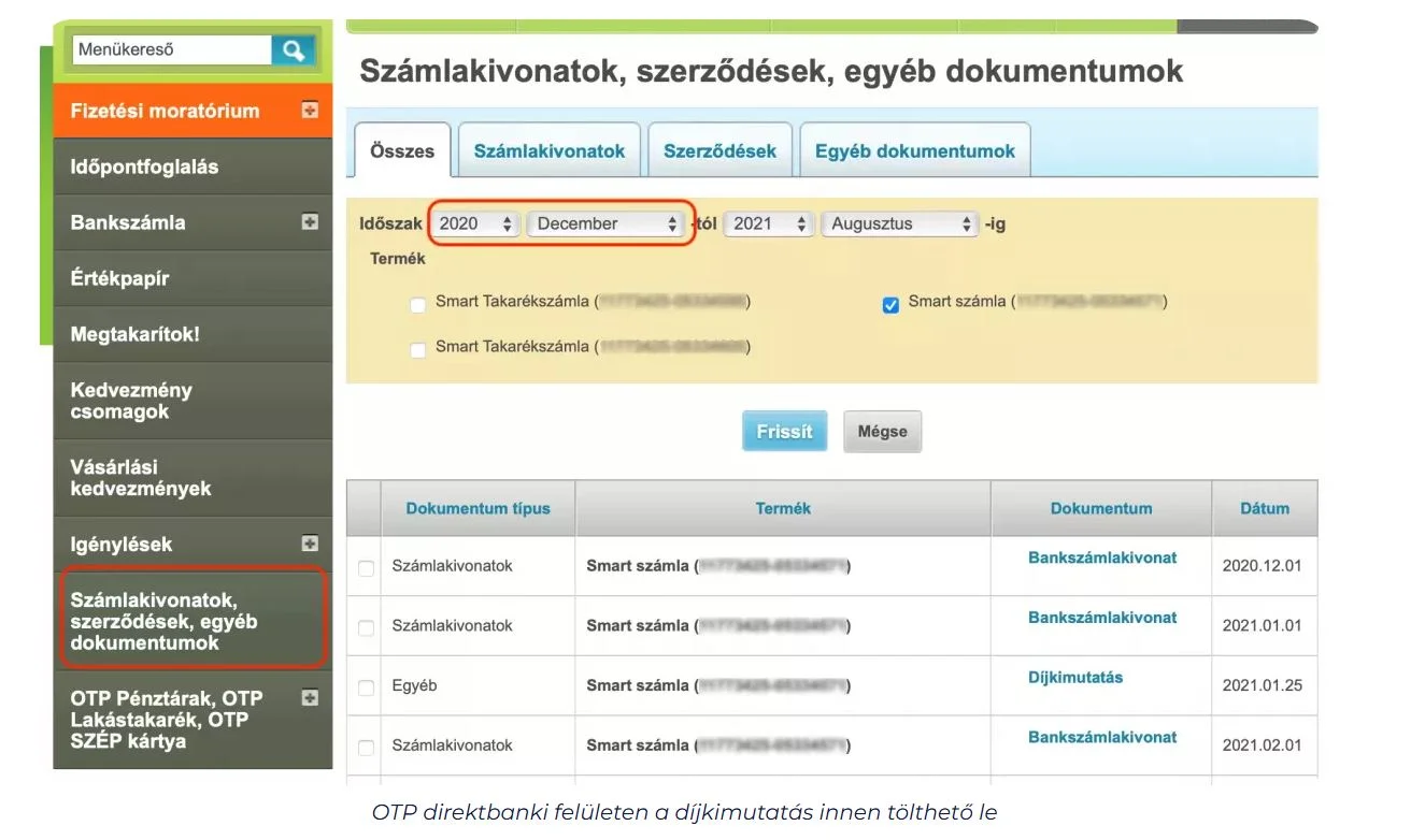 otp bank számlakivonat szerződés kimutatás