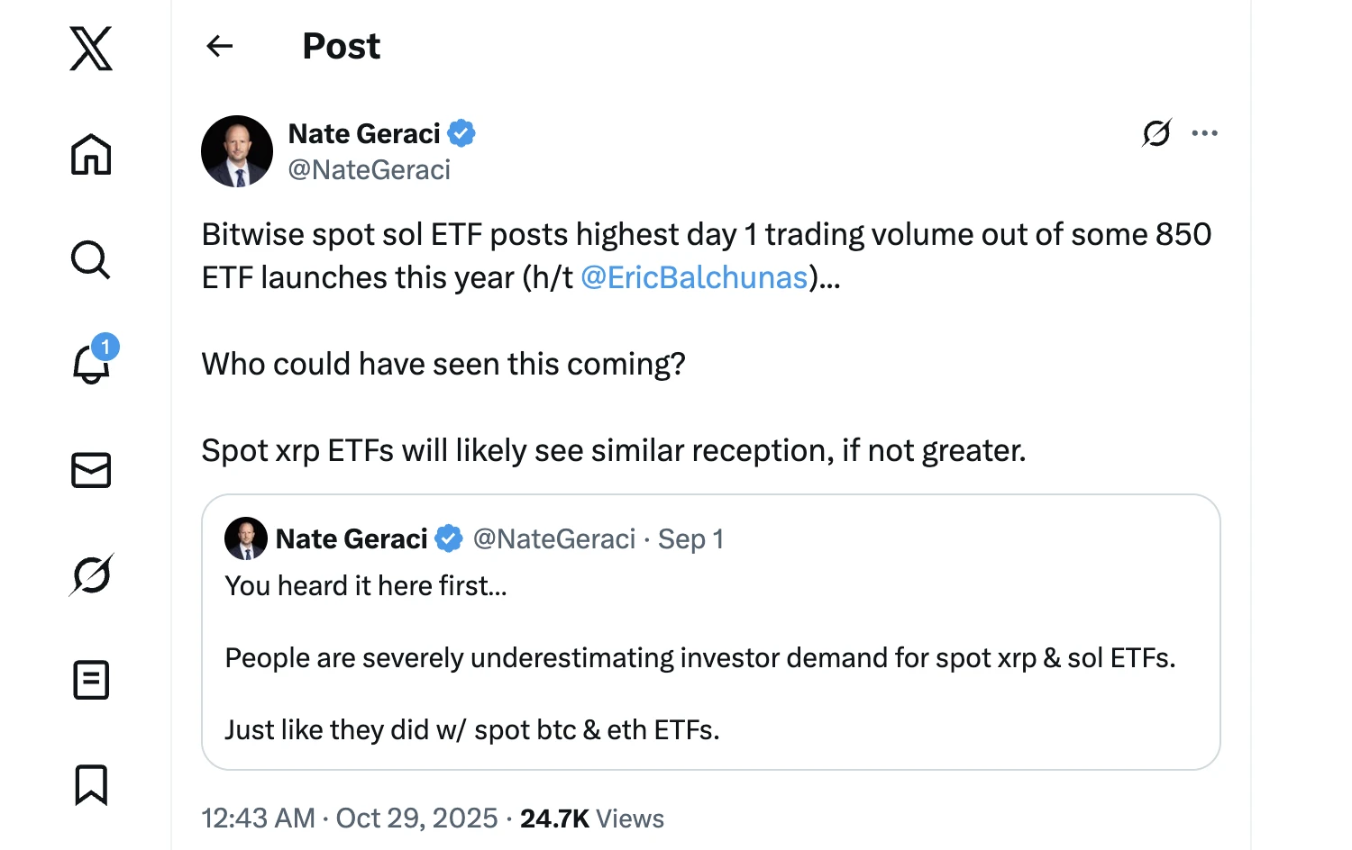Nate Geraci posztja Bitwise Solana spot etf