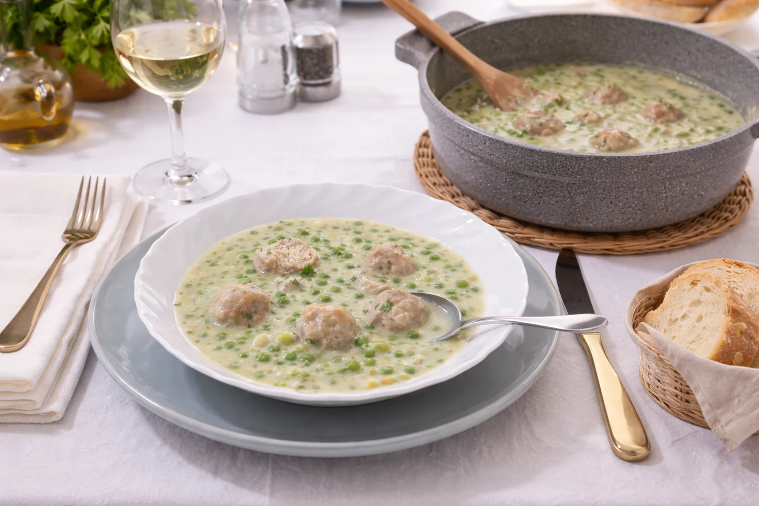 zöldborsófőzelék húsgombóccal