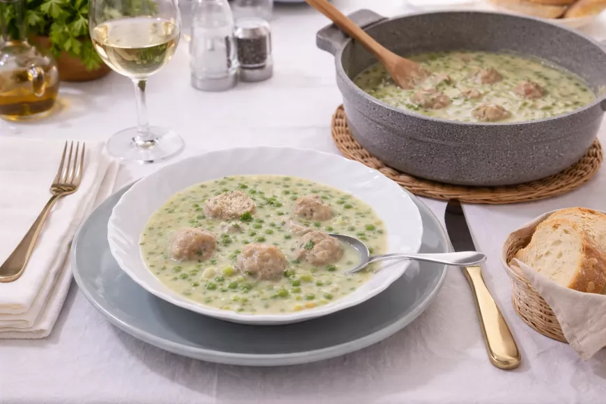 Zöldborsó főzelék pirított húsgombóccal – gyors, krémes recept