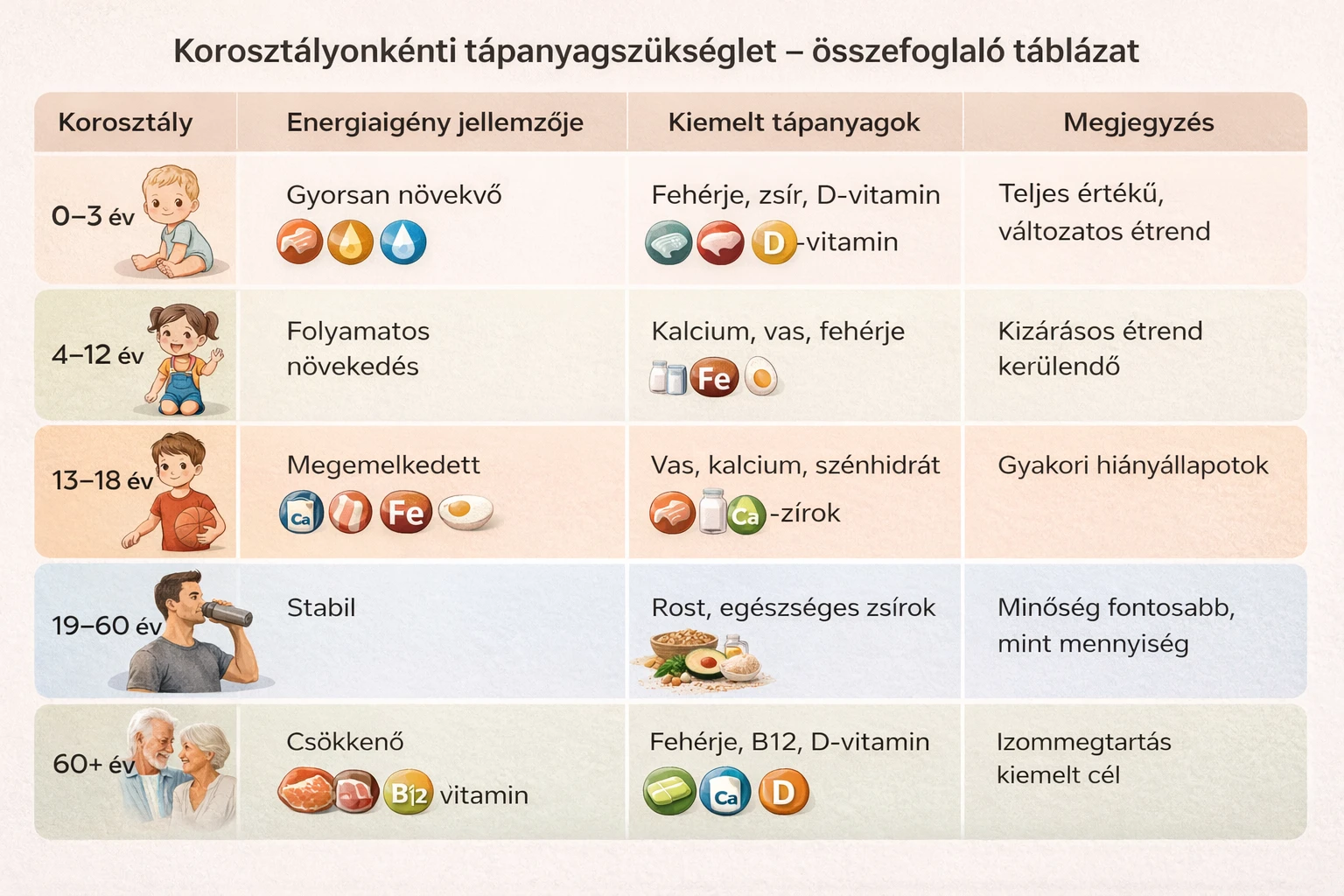 korosztály tápanyag táblázat