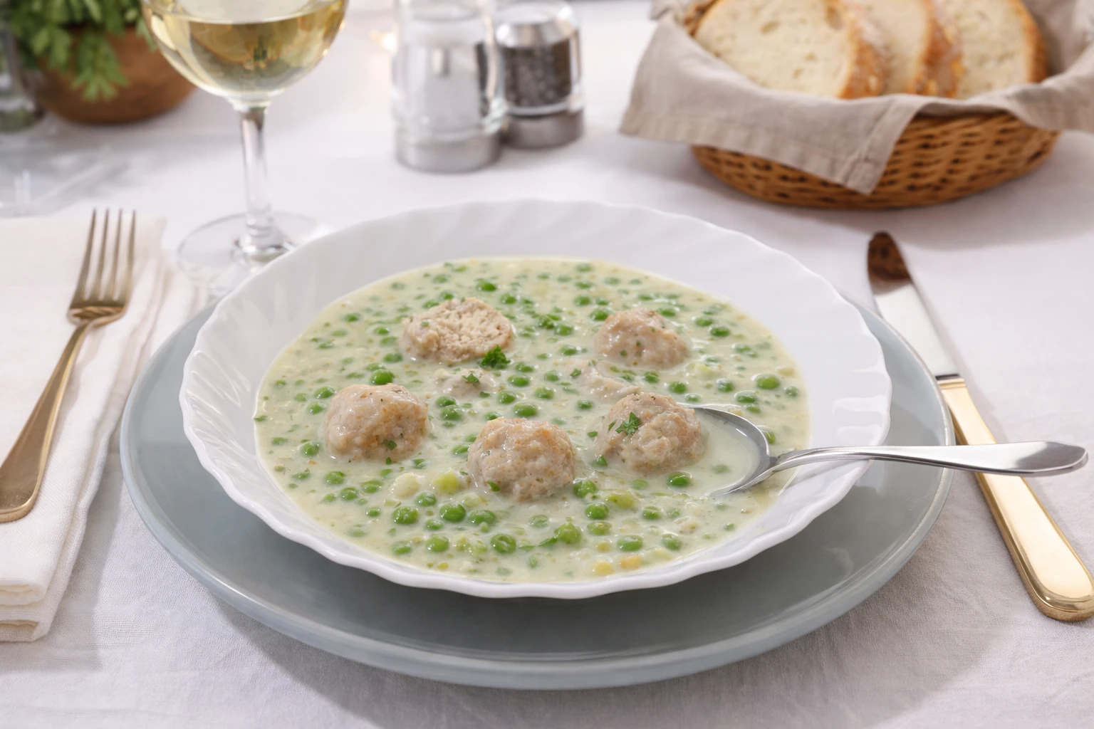 zöldborsófőzelék húsgombóccal