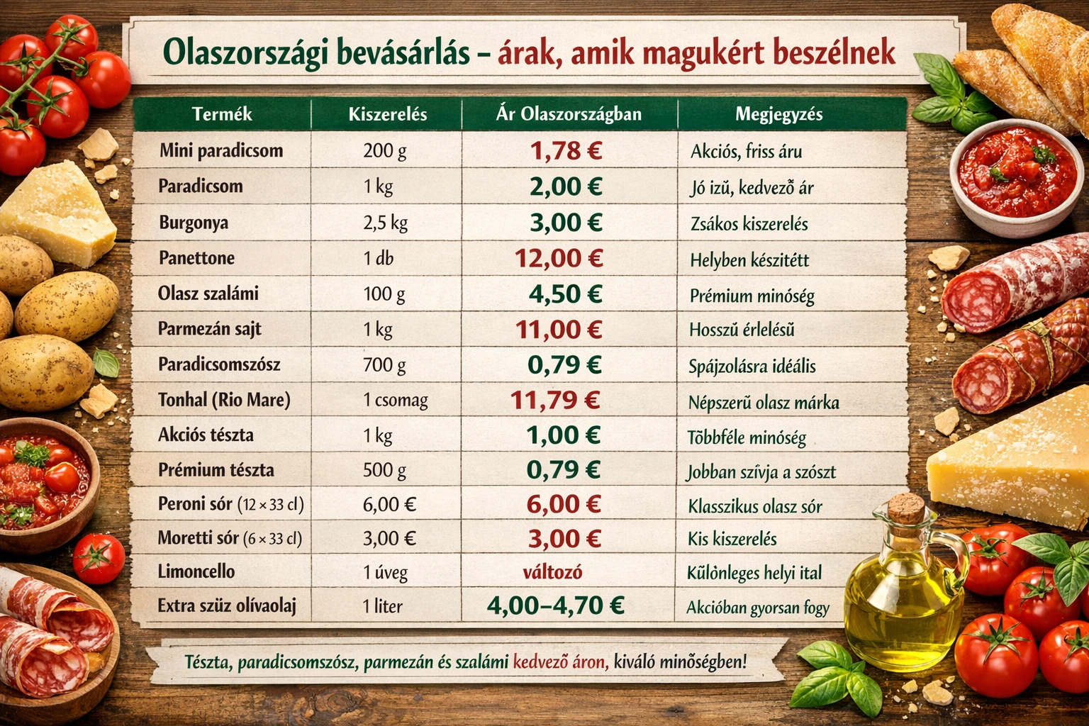 olasz élelmiszerek táblázat